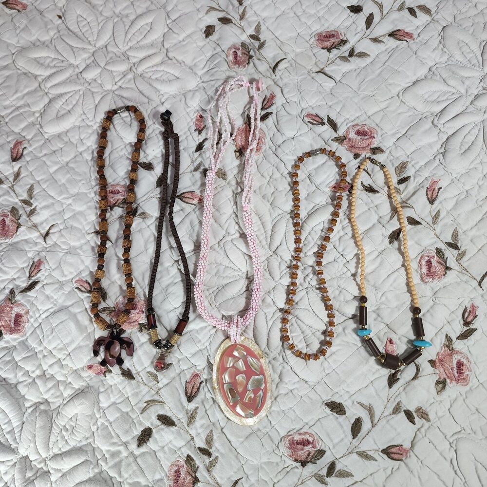 5pc Vintage Boho Beaded Necklace Lot Wood Turquoise Mother of Pearl Turtle